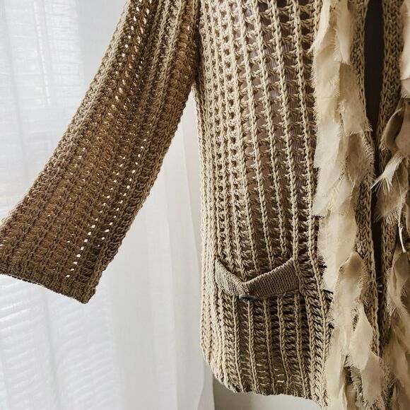 Chicos Tan Beige Chunky Waffle Knit & Soft Tattered Fringed Cardigan Sweater Med - Picture 3 of 8